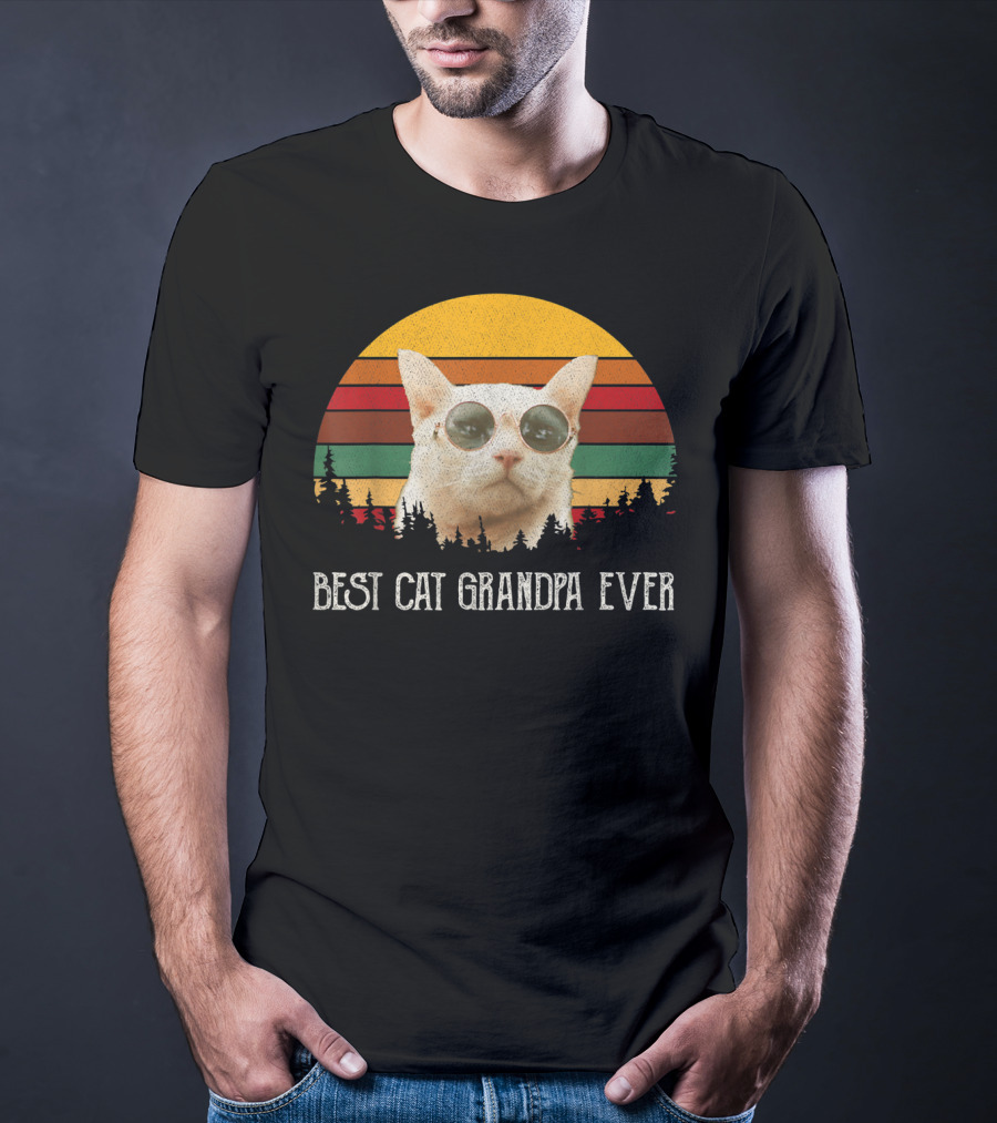 Best Cat Grandpa Ever Retro Cat With Sunglasses And Trees Vintage Sunset T-Shirt
