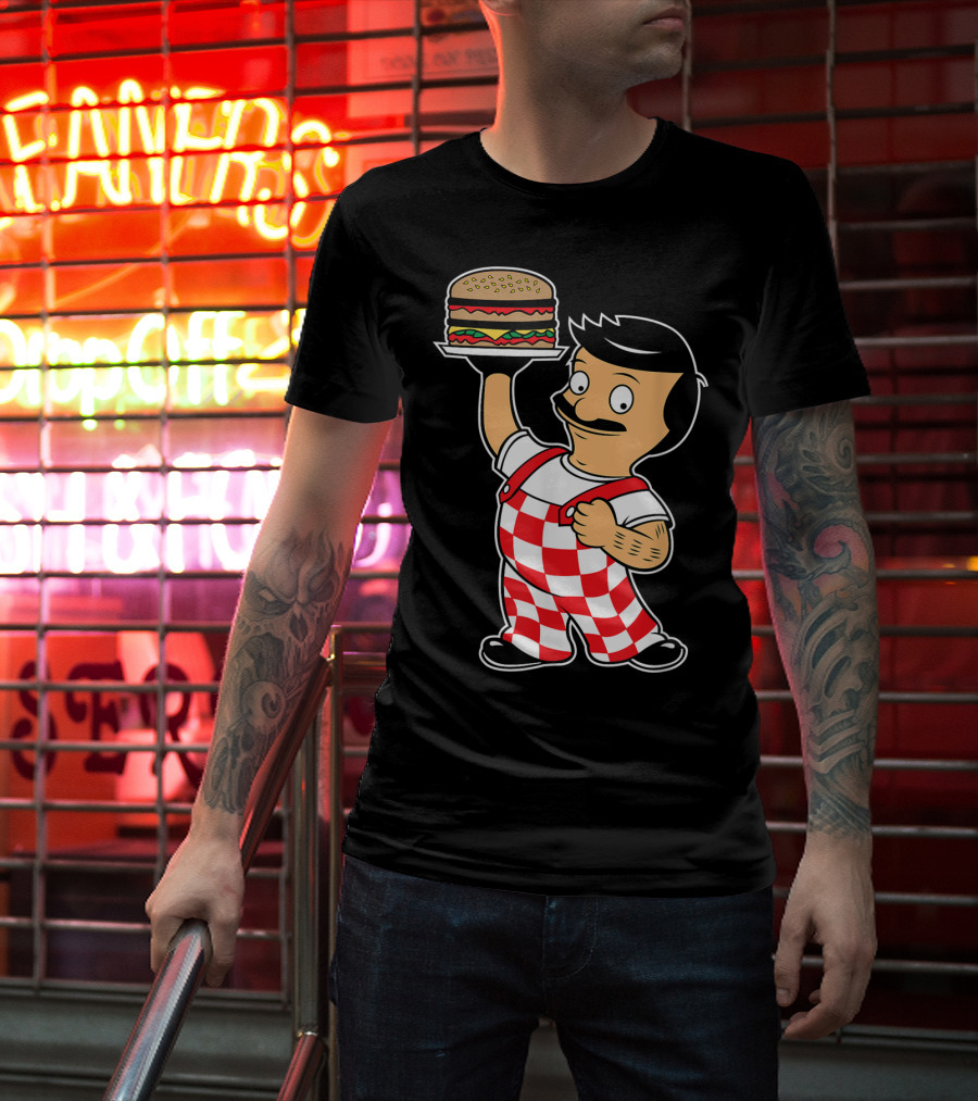 Big Bob Checkered Overalls Burger Mascot T-Shirt