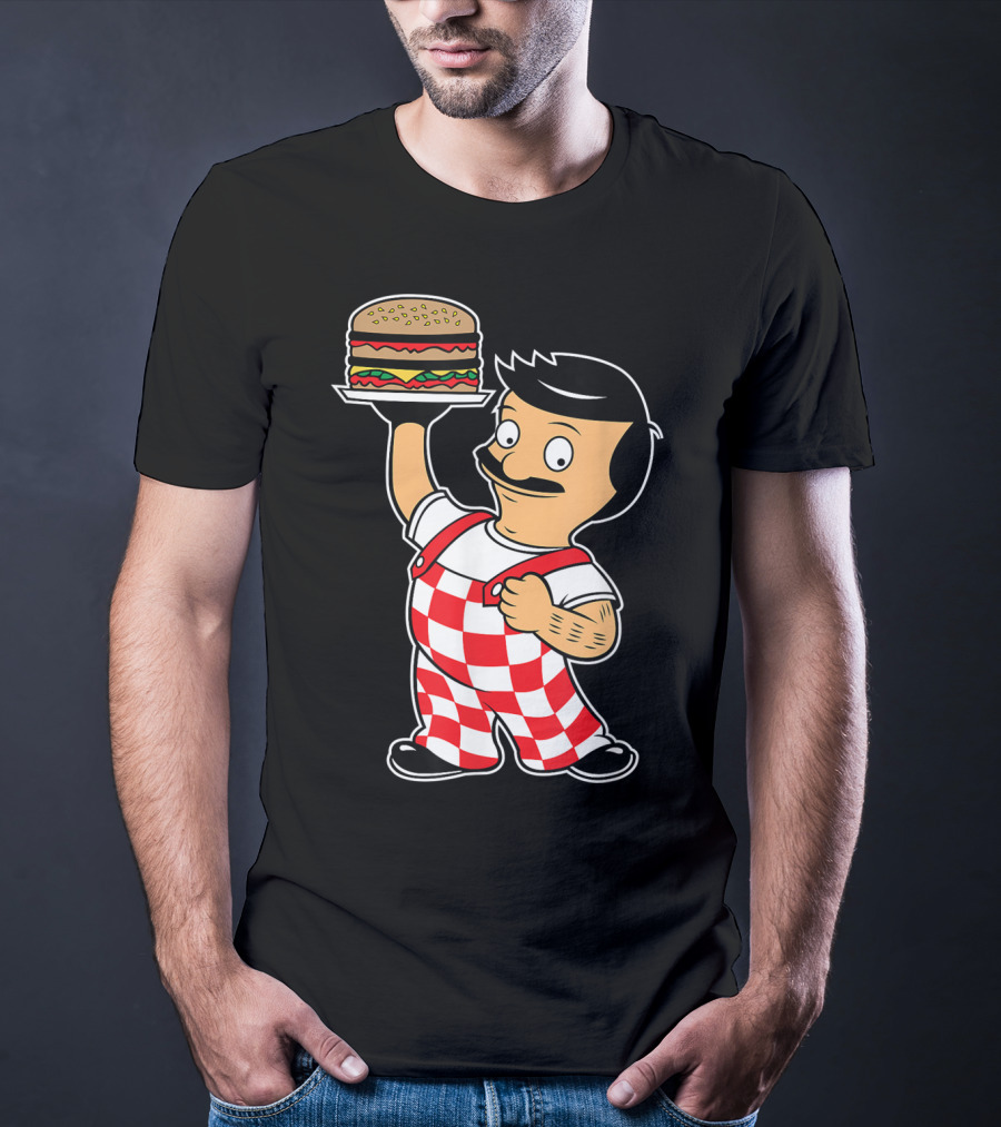 Big Bob Checkered Overalls Burger Mascot T-Shirt