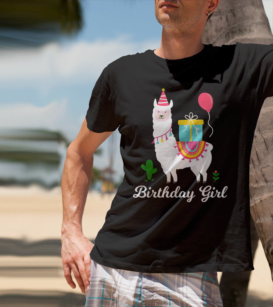 Birthday Girl Cute Alpaca Llama Cactus Balloon Party T-Shirt