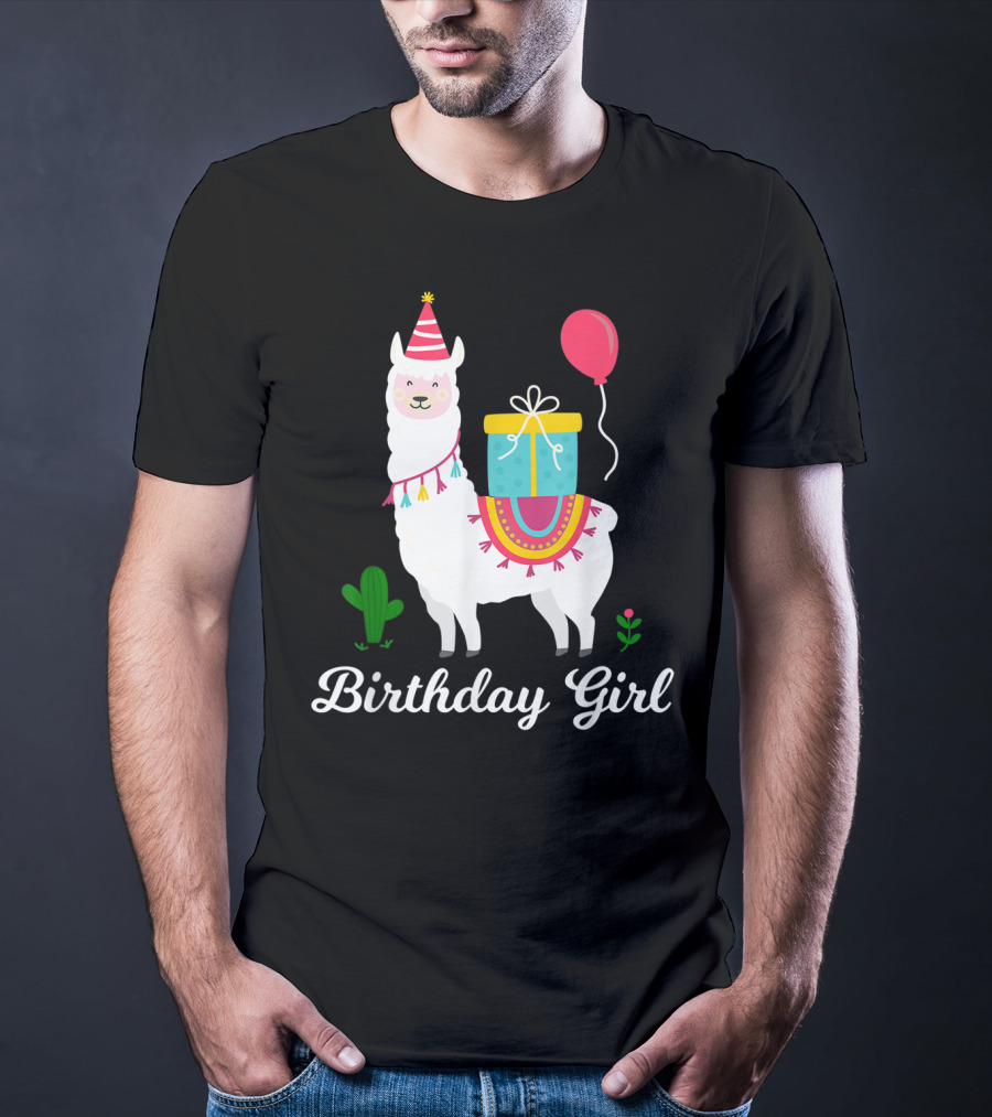 Birthday Girl Cute Alpaca Llama Cactus Balloon Party T-Shirt