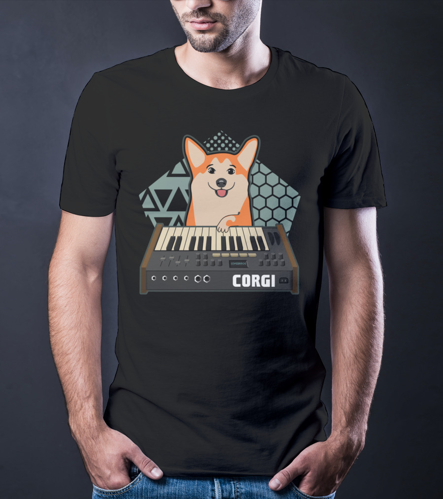 Corgi Synthesizer Musician Dog Lover Hood Keyboard Hexagon Triangles T-Shirt