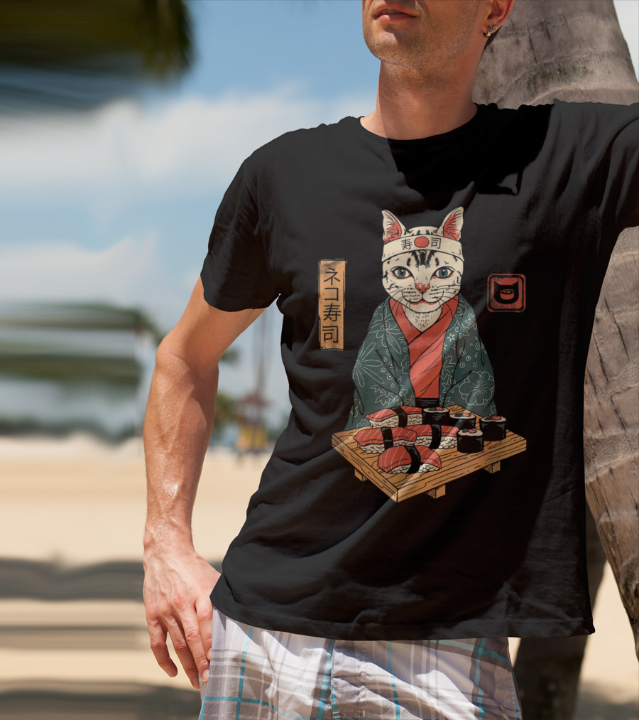 Neko Sushi Cat Chef In Kimono With Sushi Platter T-Shirt