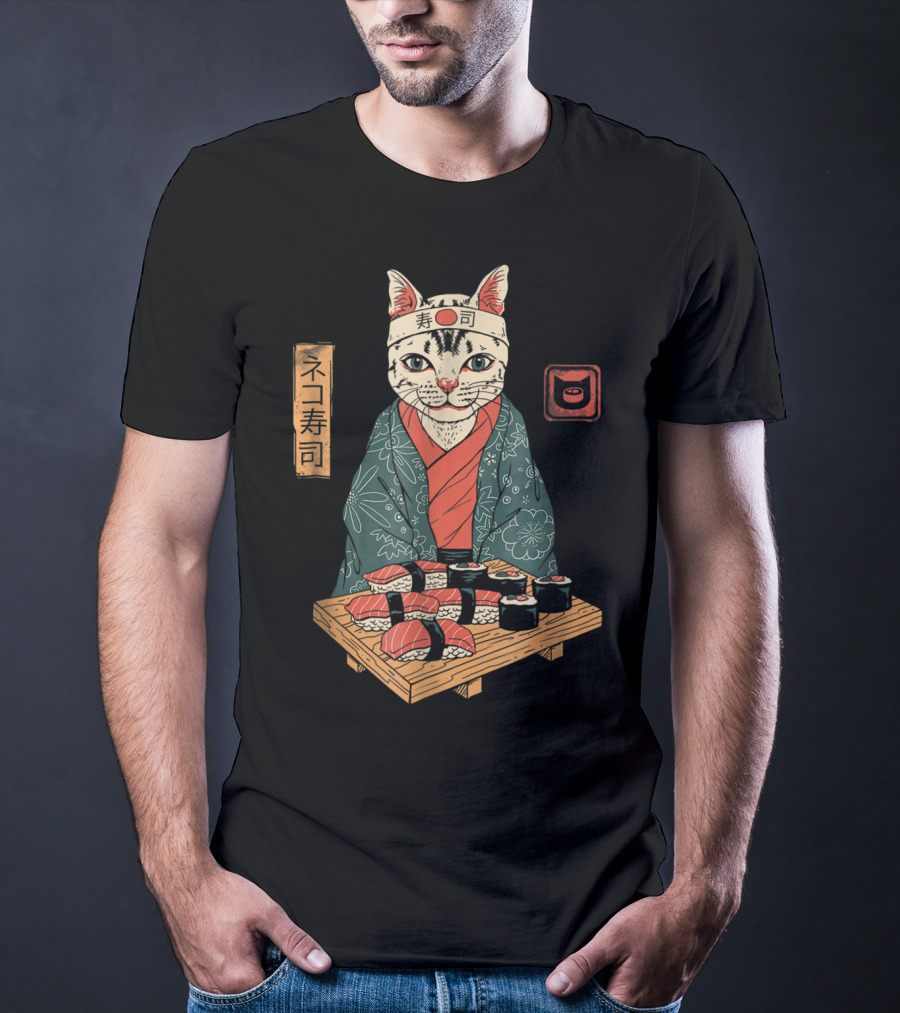 Neko Sushi Cat Chef In Kimono With Sushi Platter T-Shirt
