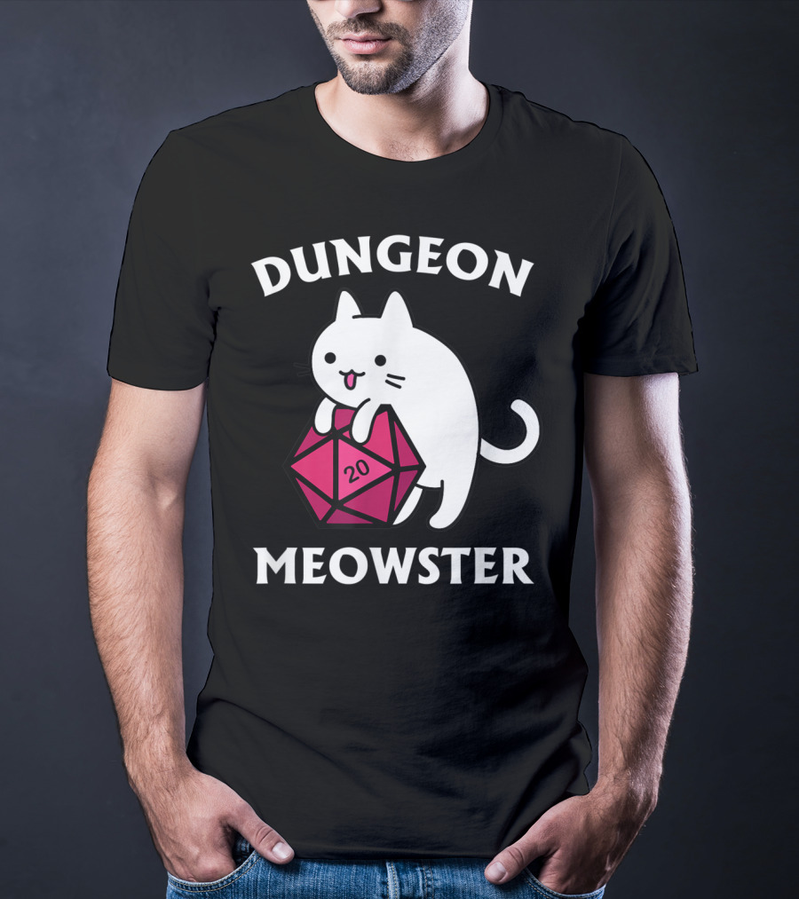 Dungeon Meowster Cat Hugging D20 Dice For Funny DnD Tabletop Gamer T-Shirt