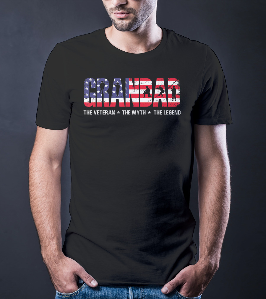 Fathers Day Grandad The Veteran The Myth The Legend Patriotic American Flag T-Shirt
