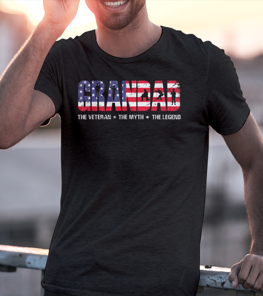 Fathers Day Grandad The Veteran The Myth The Legend Patriotic American Flag T-Shirt