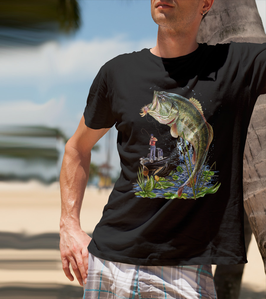 Fishing Large Mouth Bass Catching Scene With Angler And Boat T-Shirt