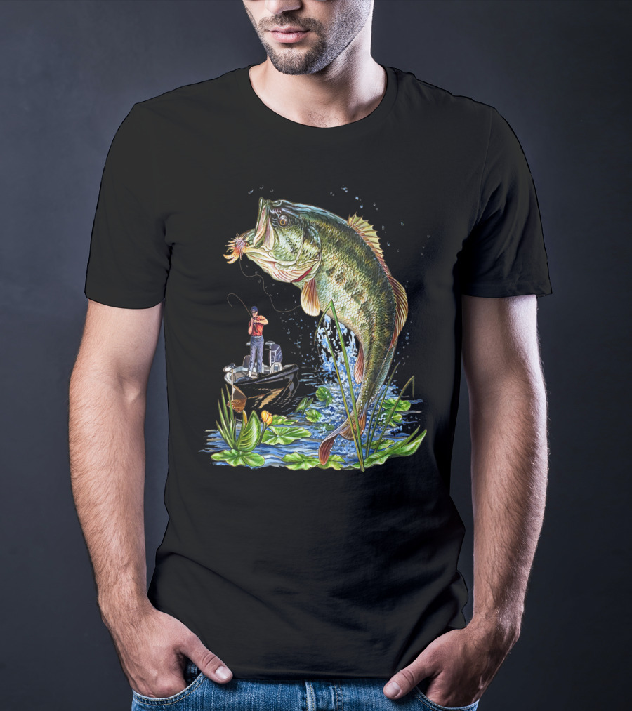 Fishing Large Mouth Bass Catching Scene With Angler And Boat T-Shirt