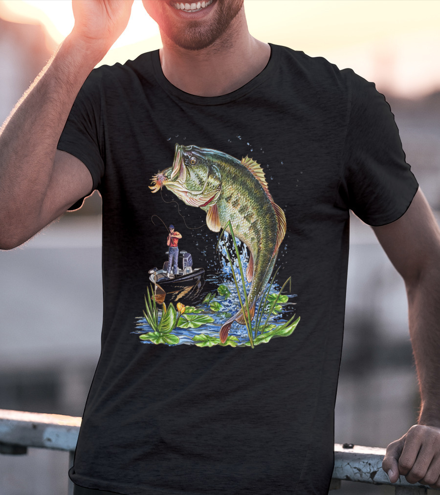 Fishing Large Mouth Bass Catching Scene With Angler And Boat T-Shirt