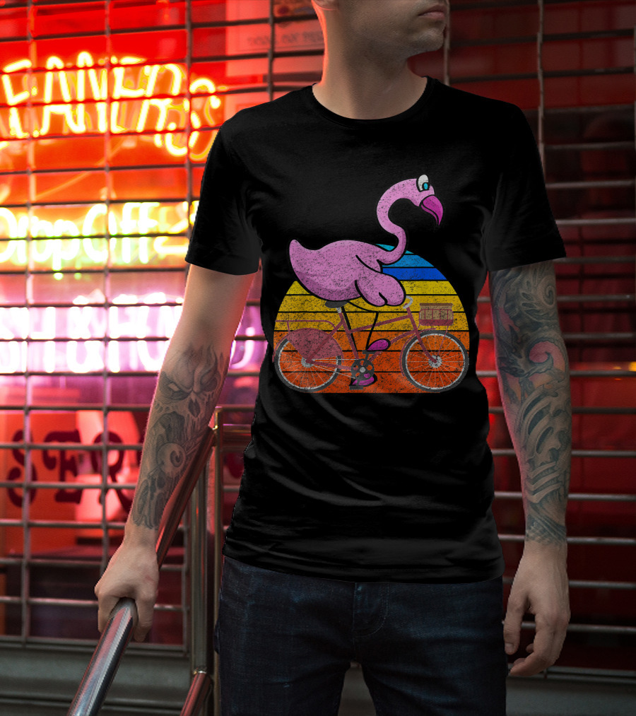 Flamingo Riding Bicycle Funny Retro Sunset T-Shirt
