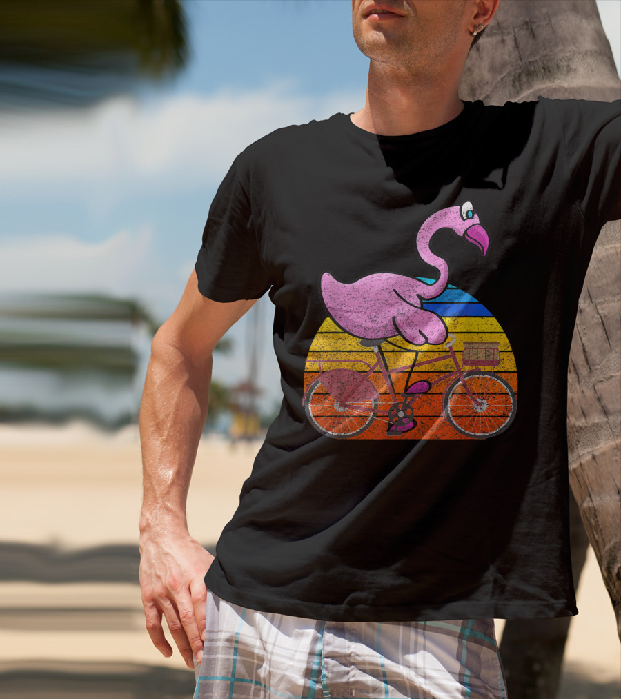 Flamingo Riding Bicycle Funny Retro Sunset T-Shirt
