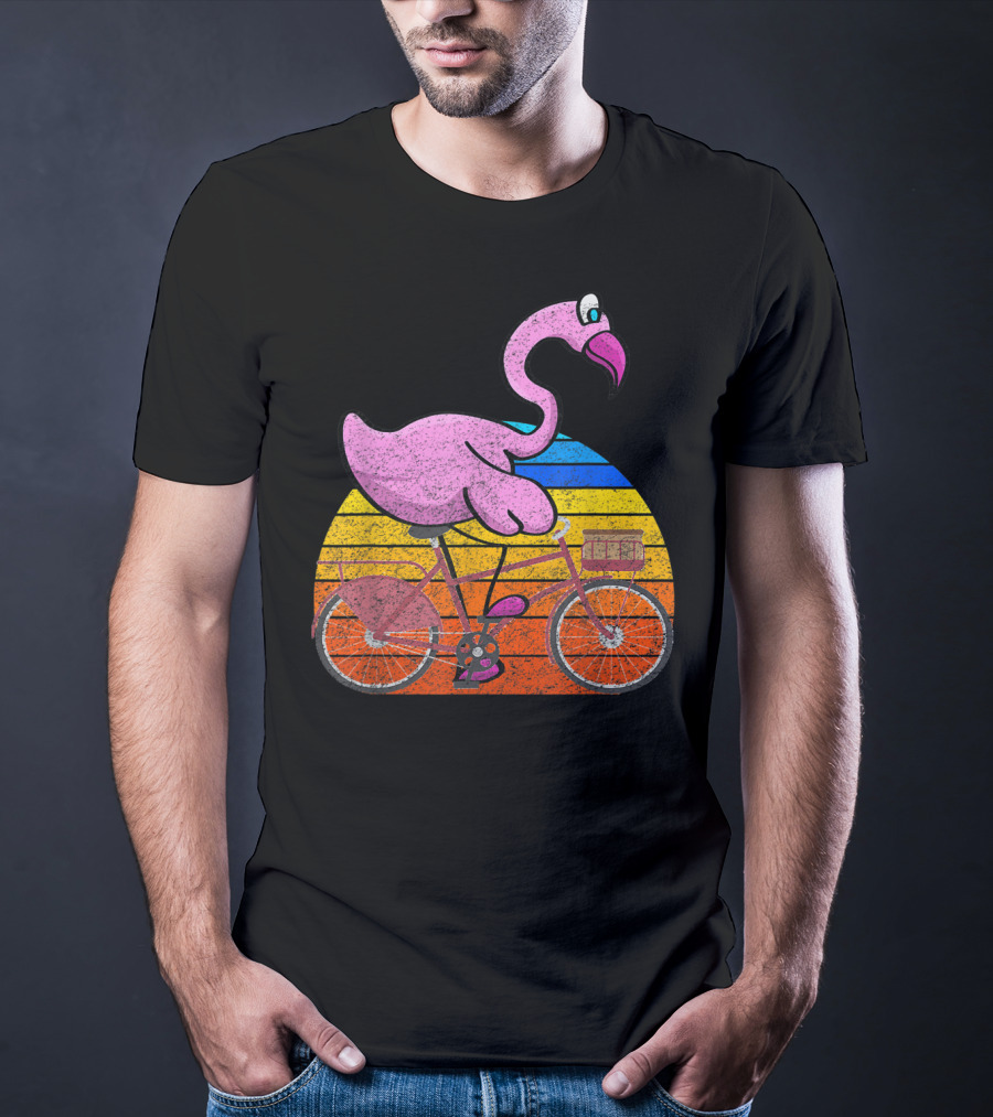 Flamingo Riding Bicycle Funny Retro Sunset T-Shirt