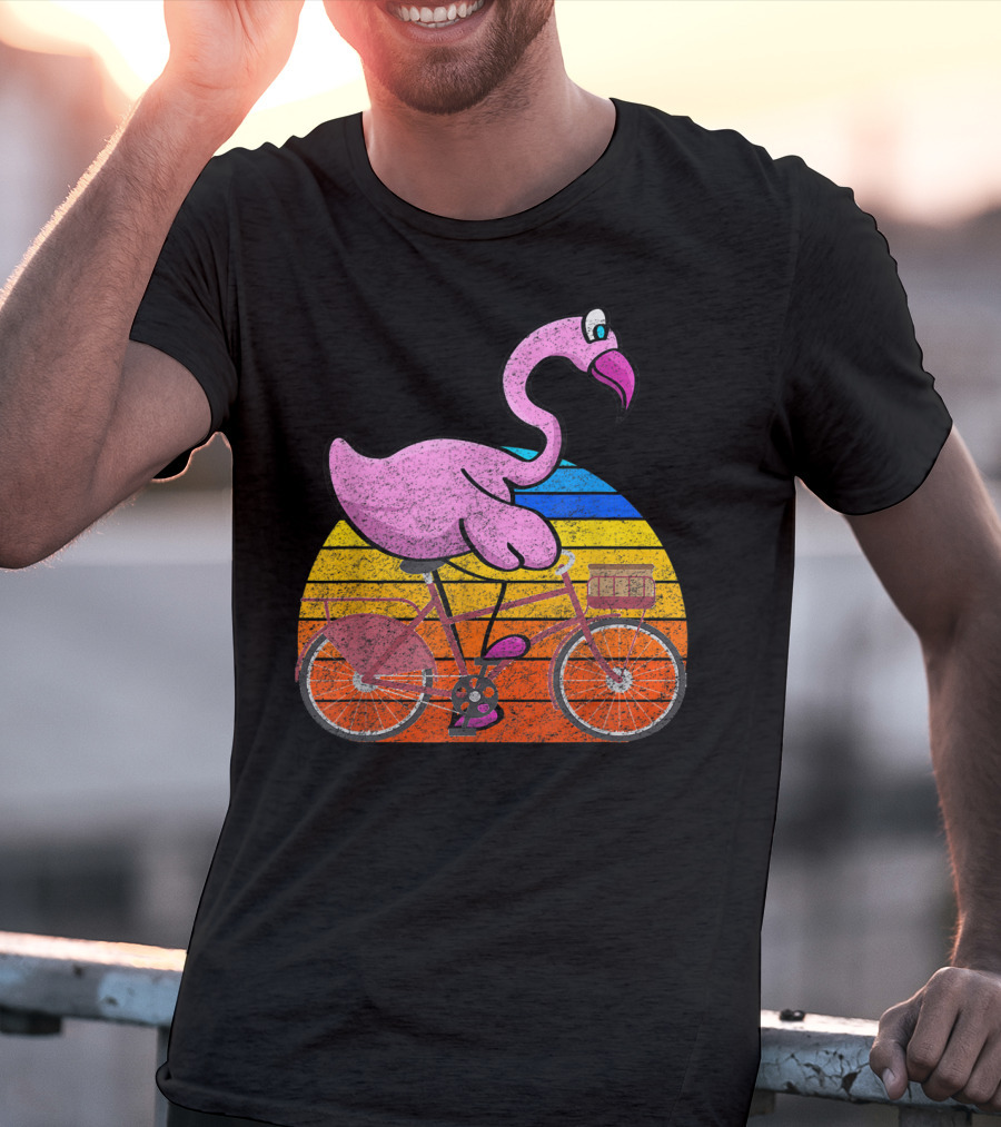 Flamingo Riding Bicycle Funny Retro Sunset T-Shirt