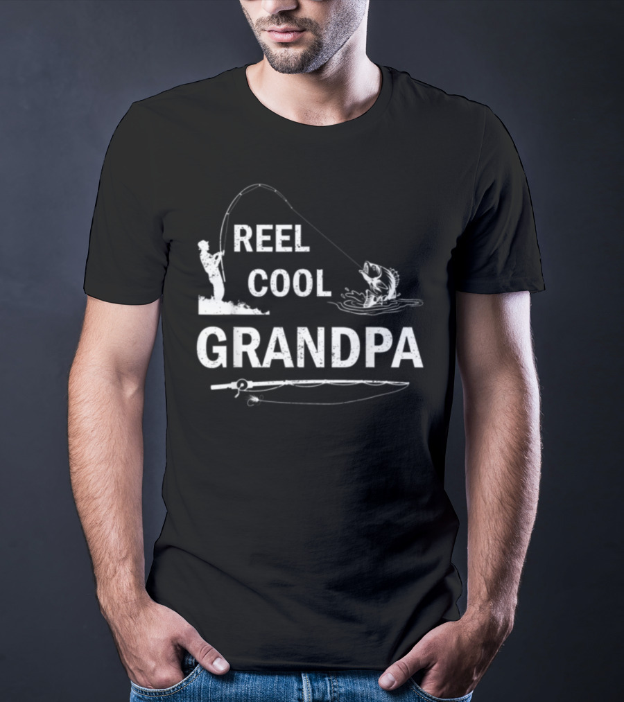 Reel Cool Grandpa Fishing Silhouette With Rod And Fish T-Shirt