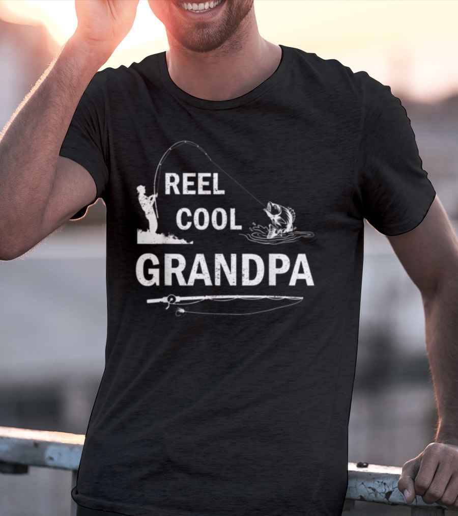 Reel Cool Grandpa Fishing Silhouette With Rod And Fish T-Shirt