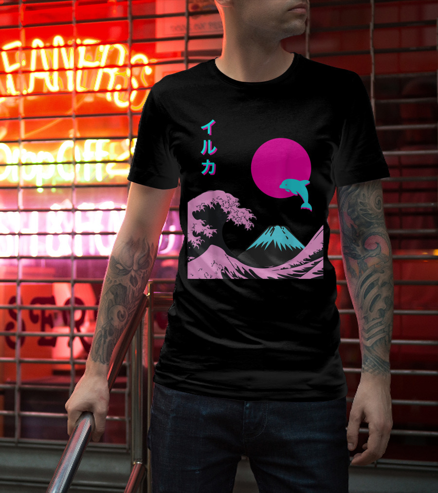 Retro Aesthetic Iruka Dolphin With Japanese Writing And Mount Fuji In Neon Colors T-Shirt