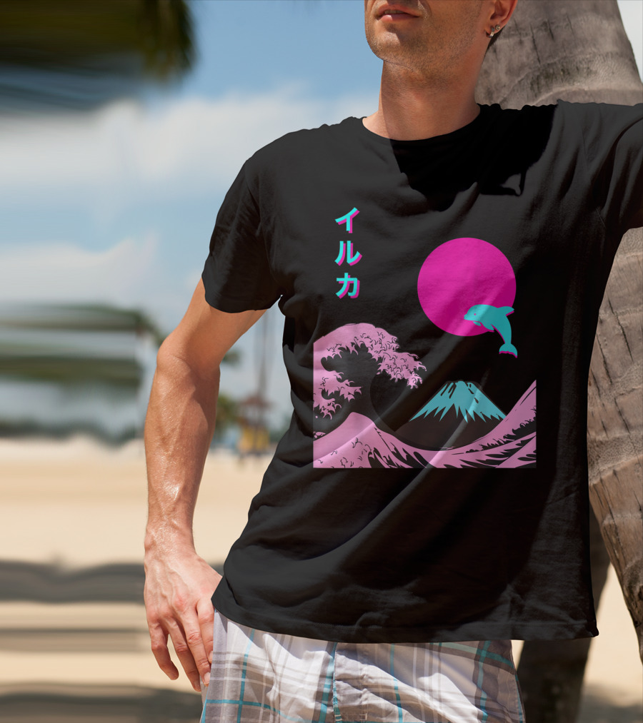 Retro Aesthetic Iruka Dolphin With Japanese Writing And Mount Fuji In Neon Colors T-Shirt