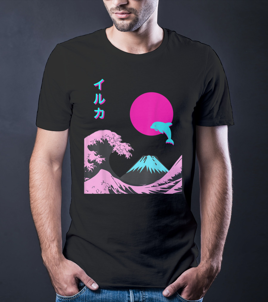 Retro Aesthetic Iruka Dolphin With Japanese Writing And Mount Fuji In Neon Colors T-Shirt