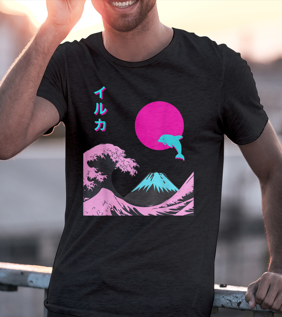 Retro Aesthetic Iruka Dolphin With Japanese Writing And Mount Fuji In Neon Colors T-Shirt
