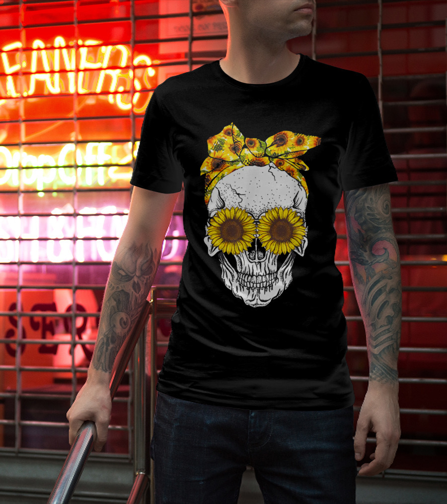 Skull With Sunflower Glasses And Floral Headband T-Shirt
