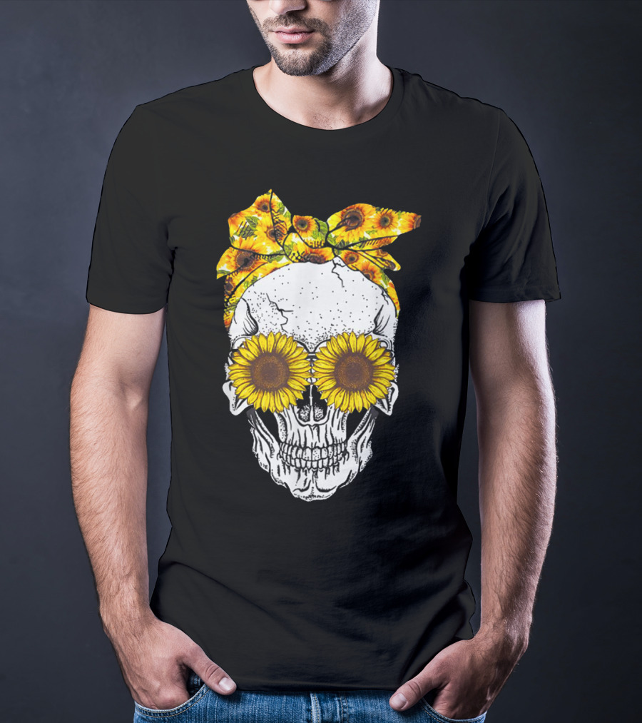 Skull With Sunflower Glasses And Floral Headband T-Shirt