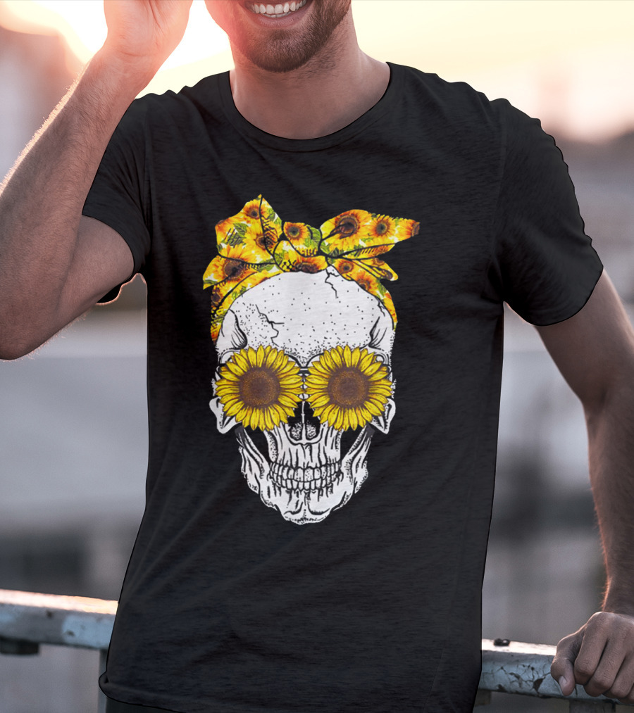 Skull With Sunflower Glasses And Floral Headband T-Shirt