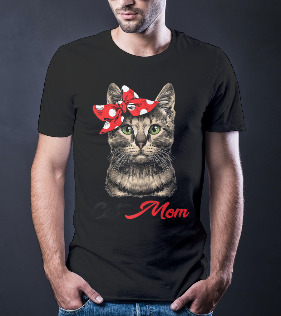 Cat Mom For Cat Lovers With Polka Dot Bow T-Shirt