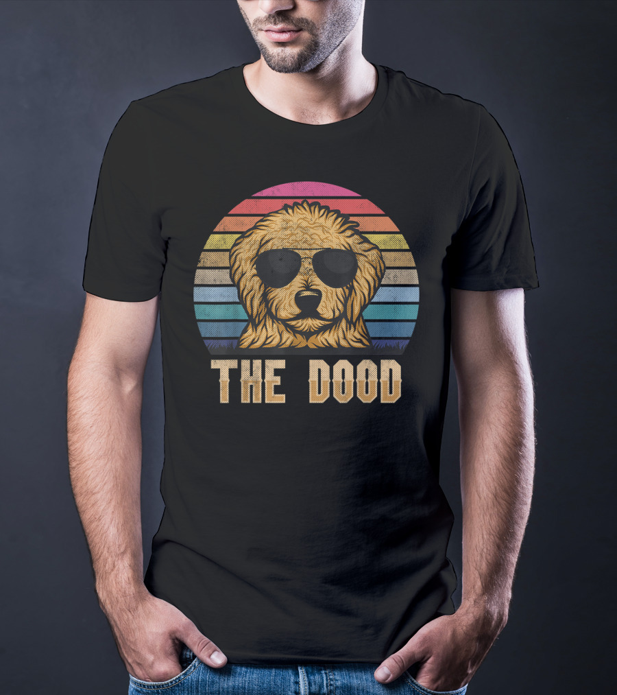 Retro Vintage Goldendoodle The Dood Dad Sunglasses Rainbow Stripes T-Shirt