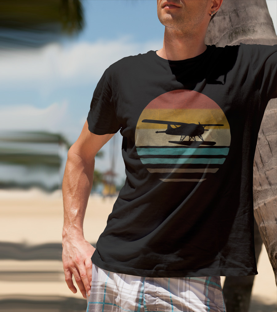 Retro Vintage Seaplane Silhouette In Sunset Stripe Circle T-Shirt
