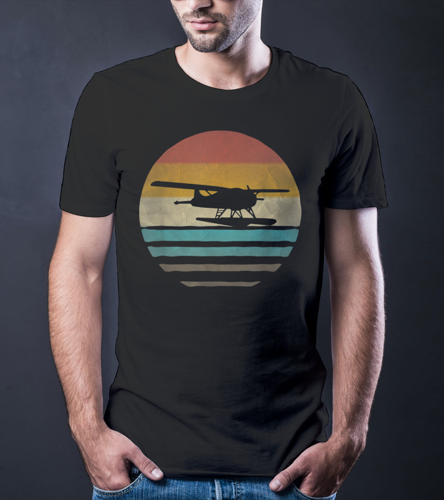Retro Vintage Seaplane Silhouette In Sunset Stripe Circle T-Shirt