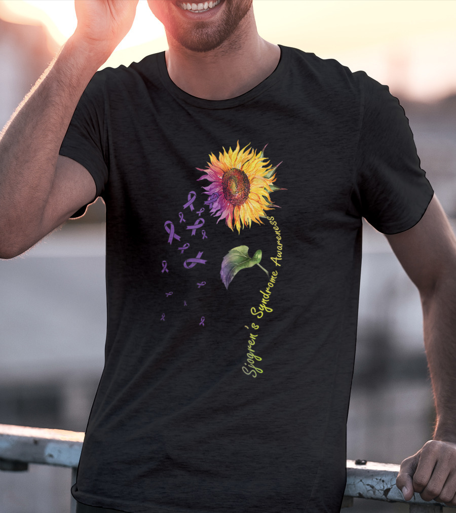 Sjogren's Syndrome Awareness Sunflower With Purple Ribbons T-Shirt