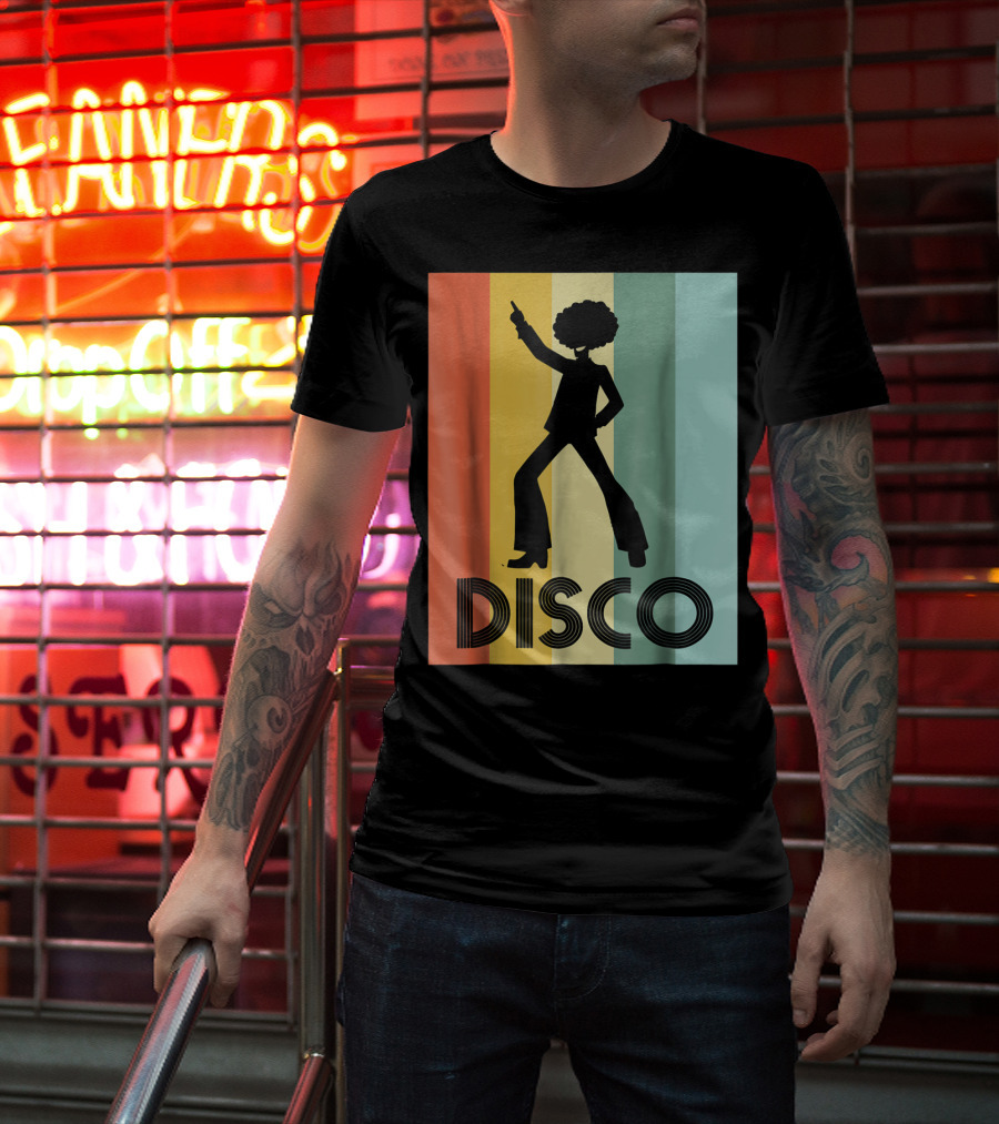 70s Disco Dancing Silhouette Retro Stripes T-Shirt