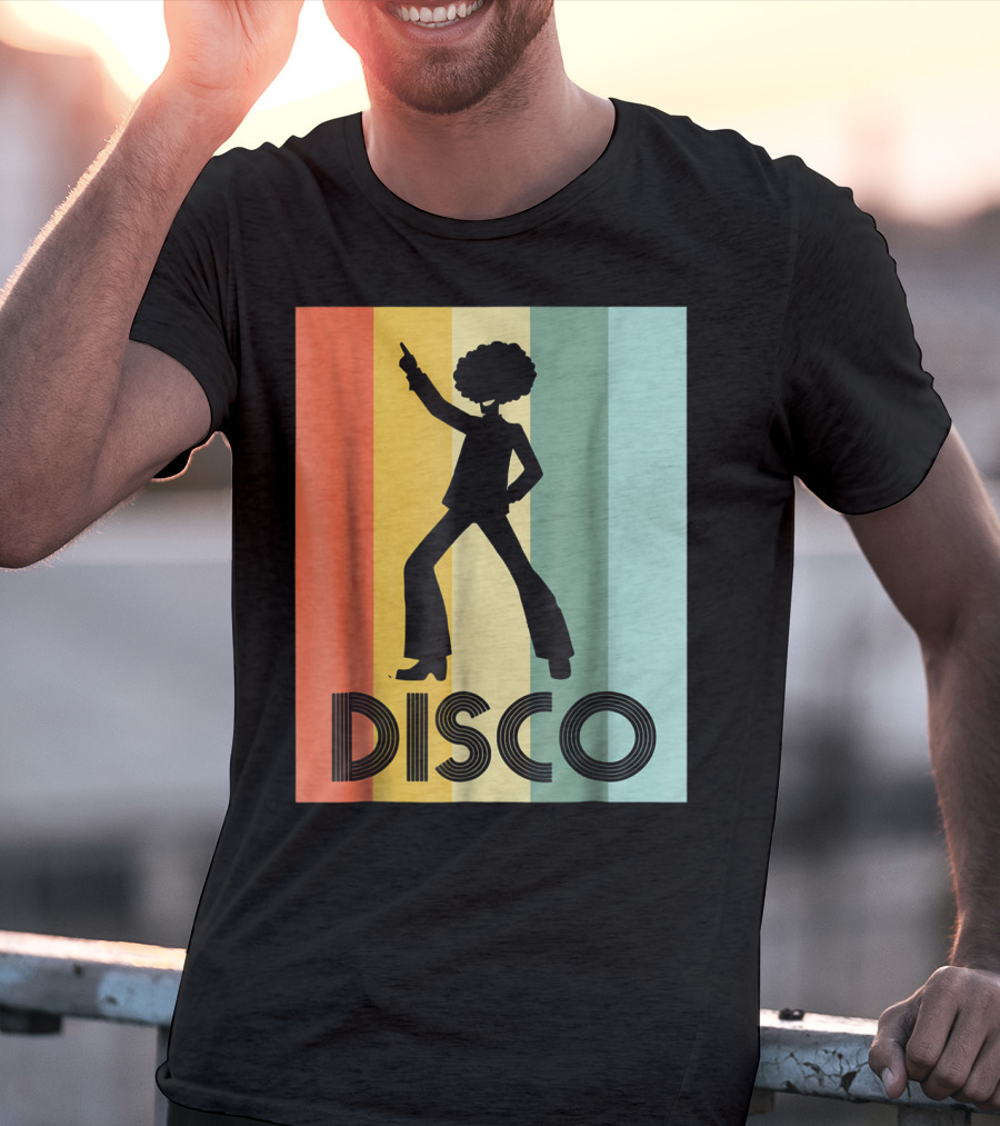 70s Disco Dancing Silhouette Retro Stripes T-Shirt