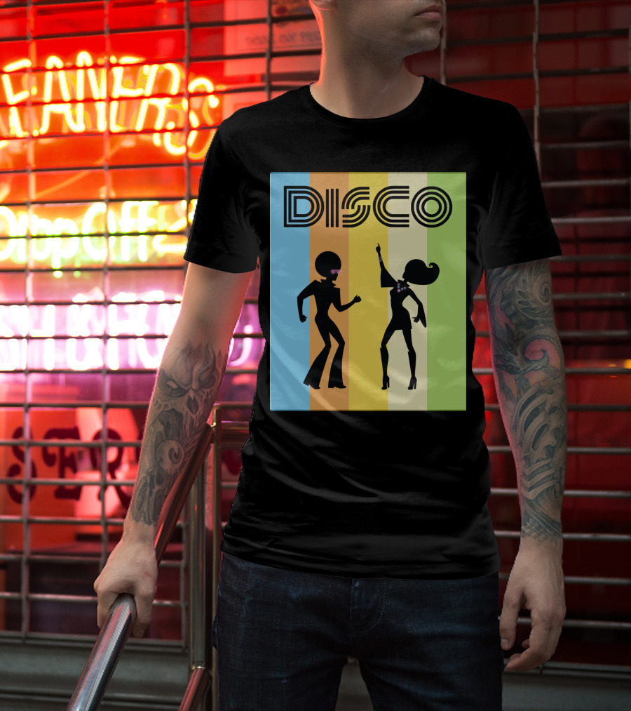 Disco Dancing 70s Disco Dancer With Silhouette And Retro Stripes T-Shirt