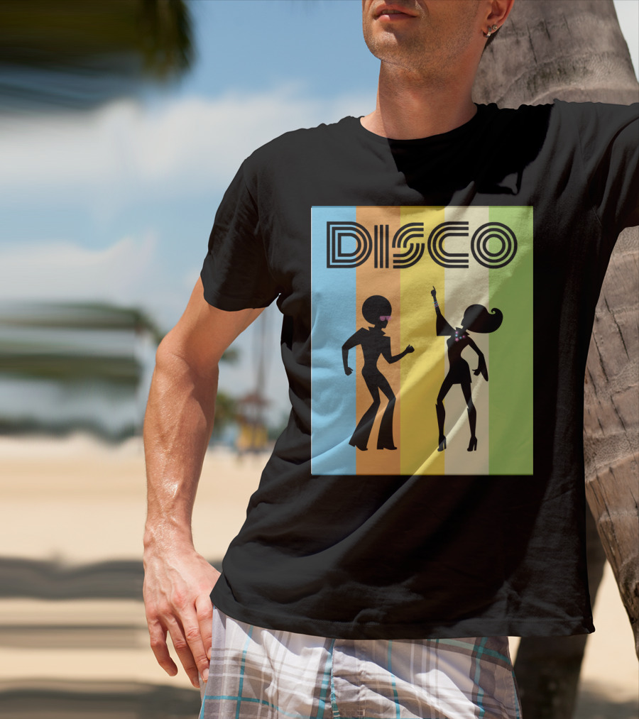 Disco Dancing 70s Disco Dancer With Silhouette And Retro Stripes T-Shirt