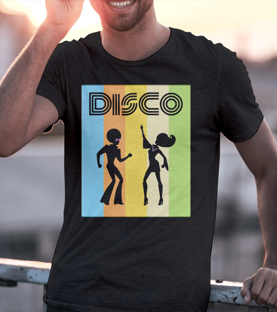 Disco Dancing 70s Disco Dancer With Silhouette And Retro Stripes T-Shirt