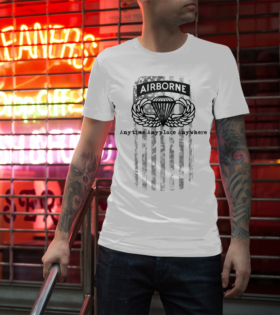 Airborne Paratrooper Black Jump Wings Anytime Anyplace Anywhere T-Shirt