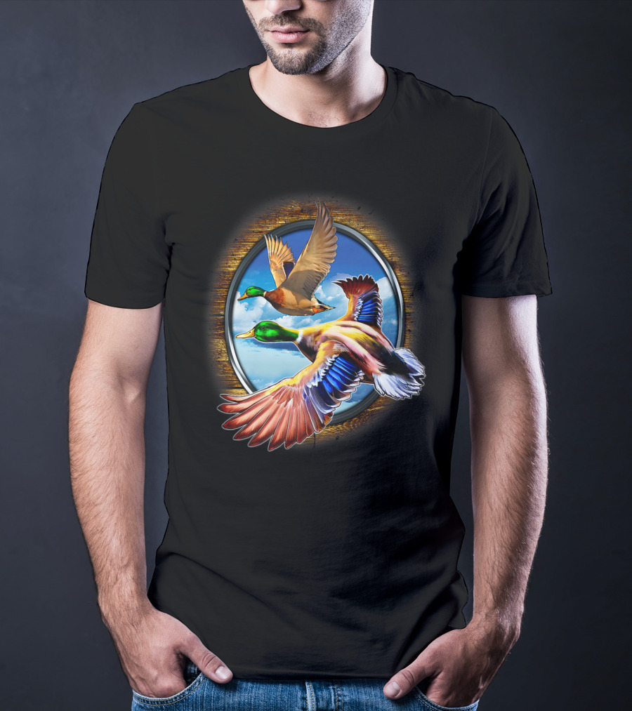 Flying Duck Hunting Scene With Colorful Ducks In Motion T-Shirt