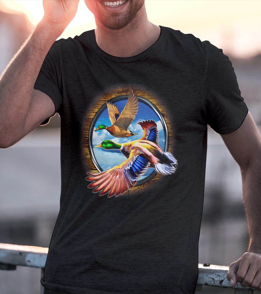 Flying Duck Hunting Scene With Colorful Ducks In Motion T-Shirt