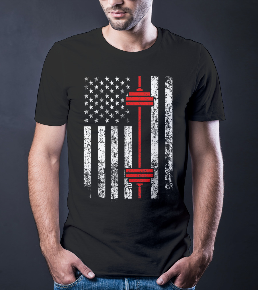 American Flag Barbell Weightlifting Fitness Strength T-Shirt
