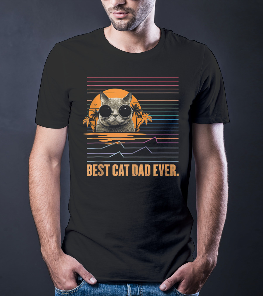 Best Cat Dad Ever Retro Sunset Cat With Sunglasses And Palm Trees T-Shirt