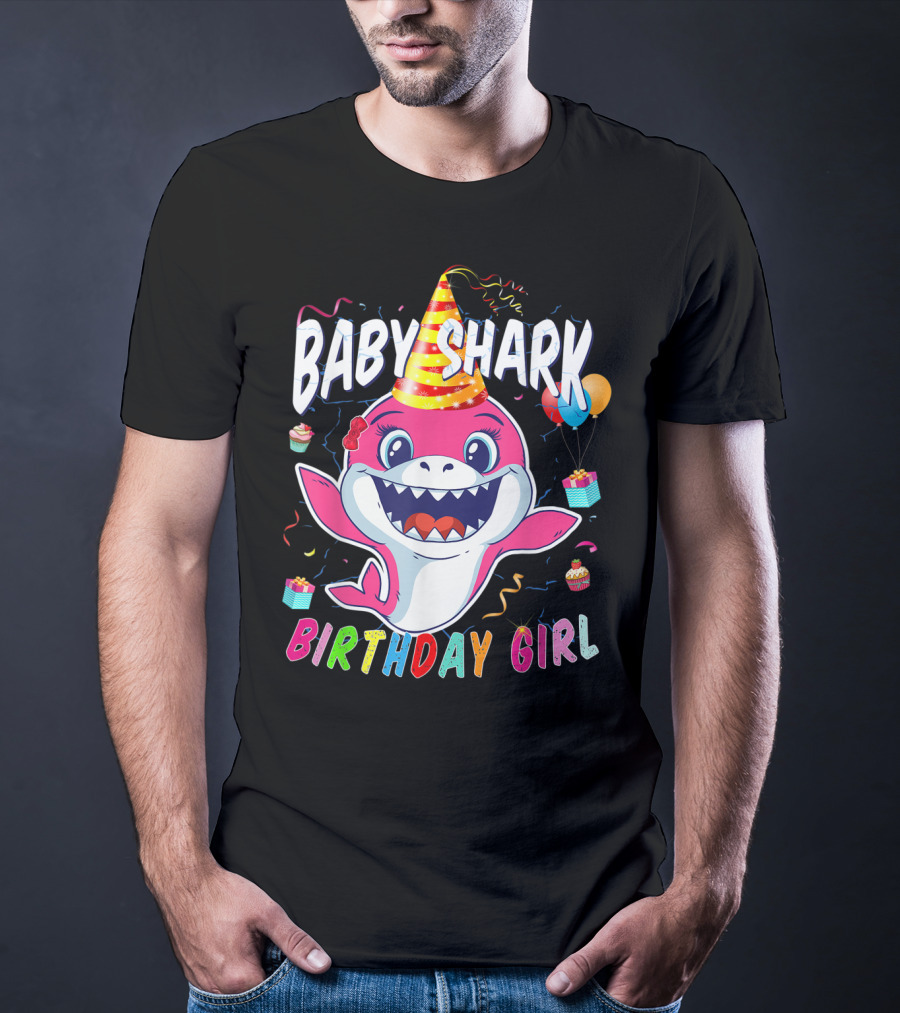 Baby Shark Birthday Girl Party Hat Balloons Cupcakes T-Shirt