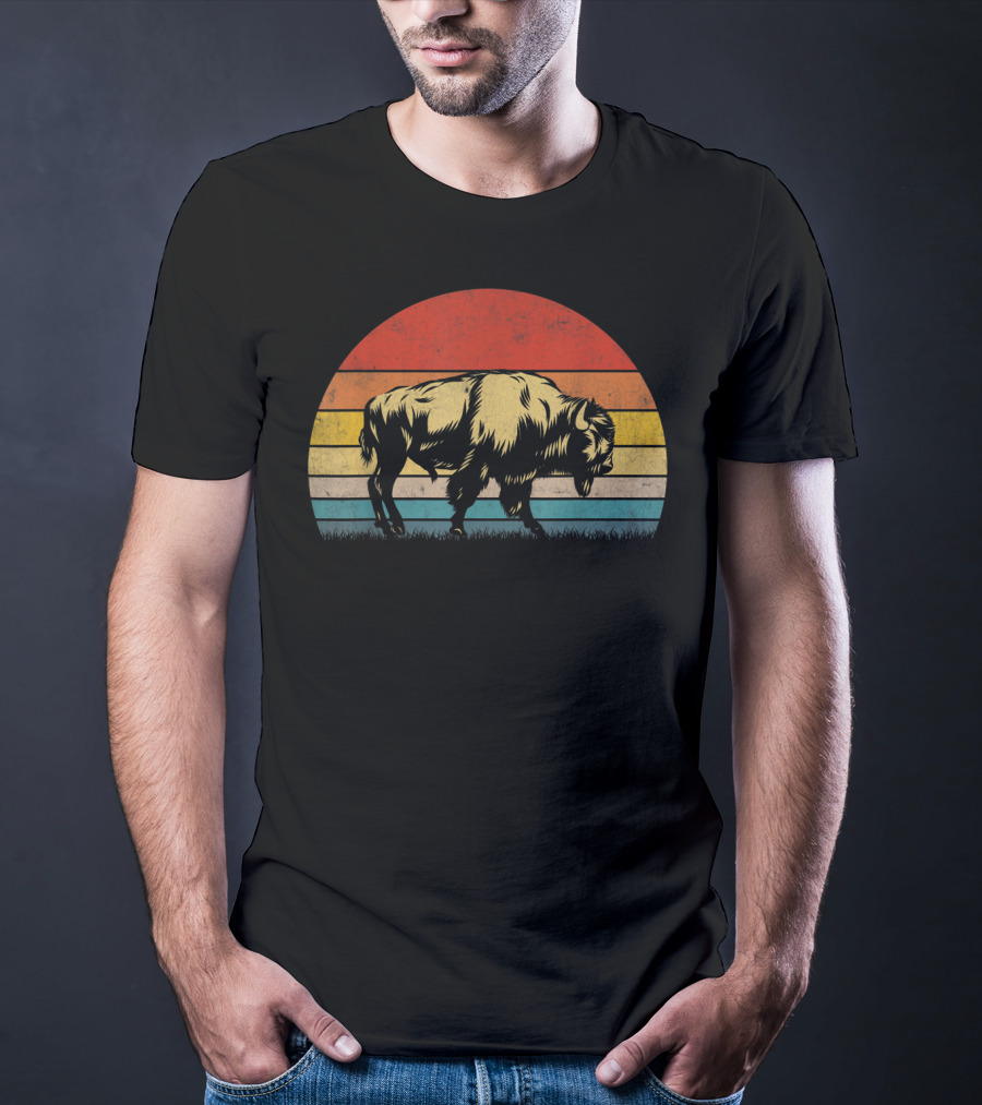 Buffalo Bison Sunset Vintage 70s Natur Retro Stripes T-Shirt