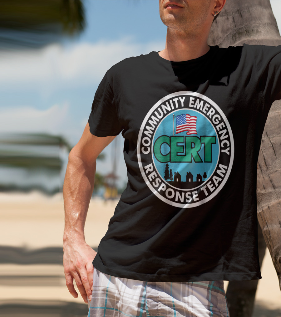 Community Emergency Response Team CERT American Flag Badge T-Shirt