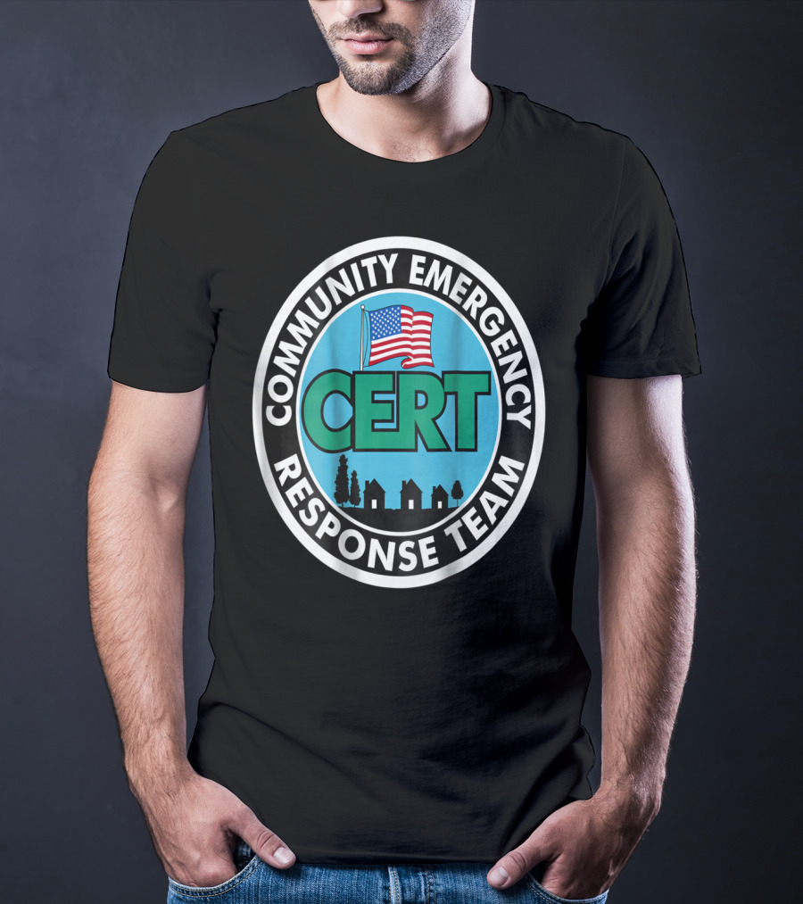 Community Emergency Response Team CERT American Flag Badge T-Shirt