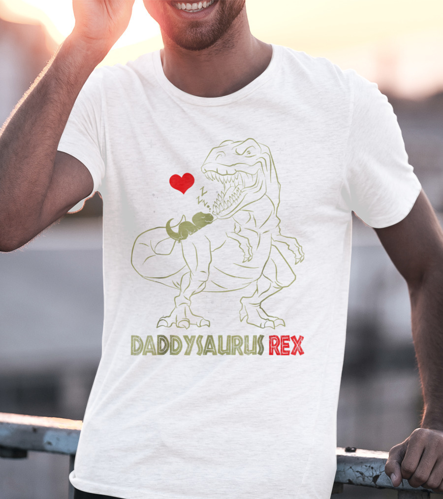 Daddysaurus Rex Dinosaur Daddy Sau With Heart And Sleeping Baby Dinosaur T-Shirt