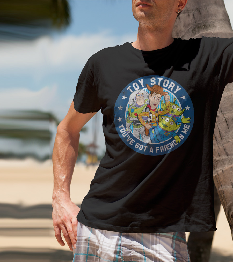 Toy Story You've Got A Friend In Me Buzz Woody Aliens Circle Blue Stars T-Shirt