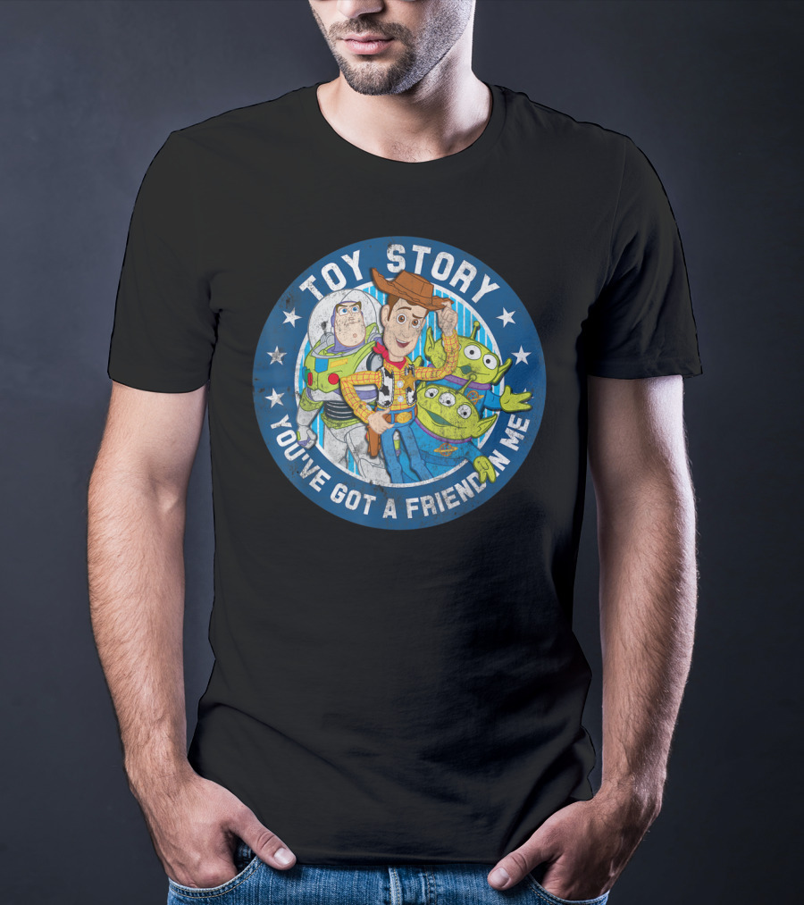 Toy Story You've Got A Friend In Me Buzz Woody Aliens Circle Blue Stars T-Shirt
