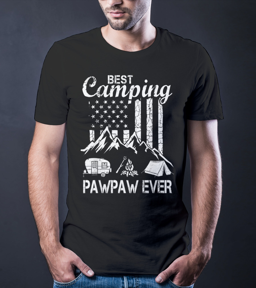 Best Camping Pawpaw Ever Mountains Flag Tent Camper Fire Father's Day T-Shirt